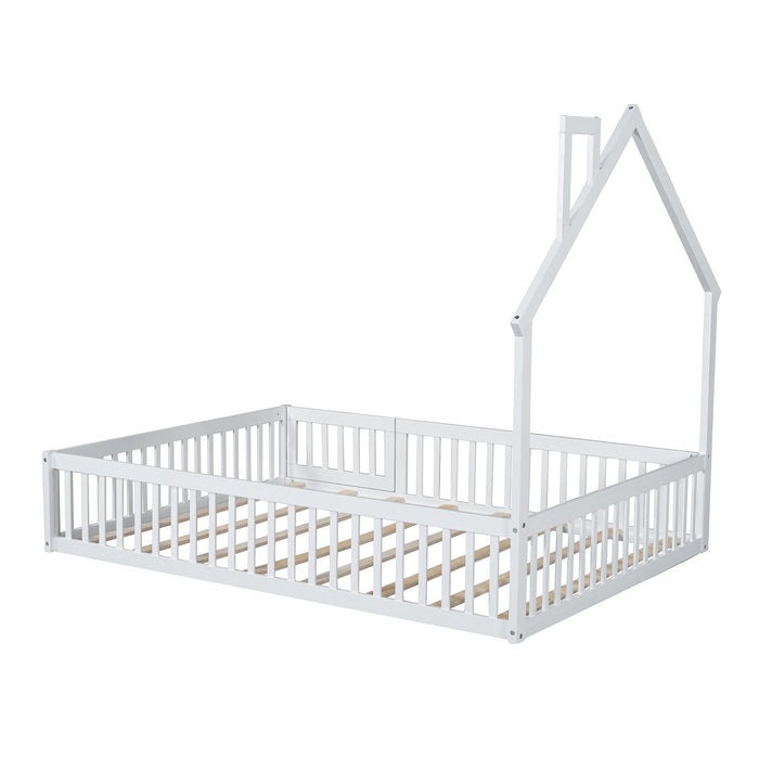 Wood Full Size House Platform Bed with Guardrail in White, Pine Wood + MDF, 78''L x 57''W x 64''H