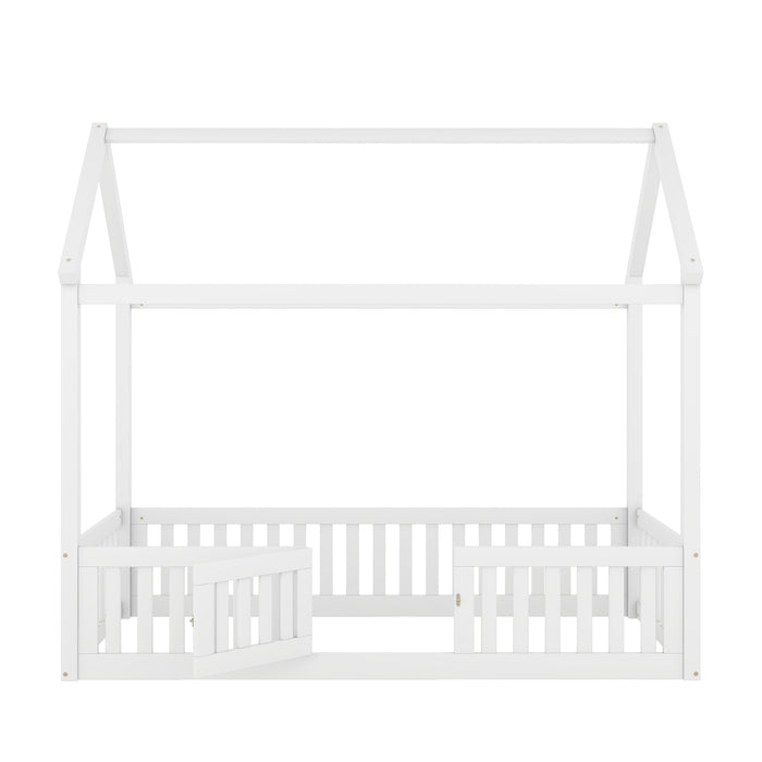 Wood House Bed with Fence and Door