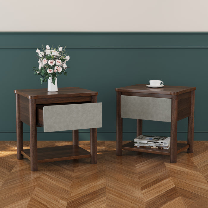 Wood Nightstand,Modern Nightstands with Drawer, Farmhouse Bedside Table for Bedroom Living Room,MP2(set of 2)  Walnut&Light Grey Color